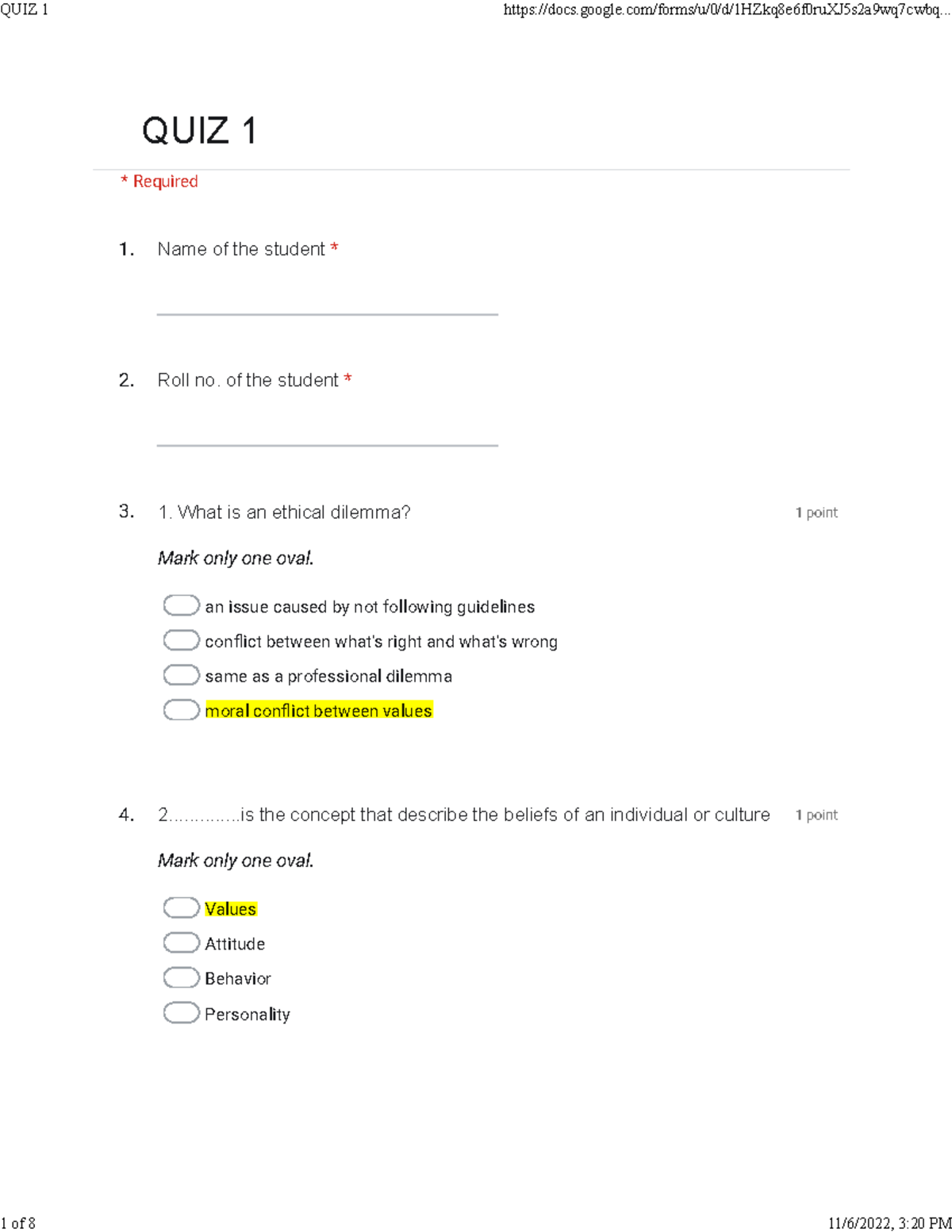 PPLE QUIZ 1 - Notes - 1. 2. 3. 1 point Mark only one oval. an issue ...