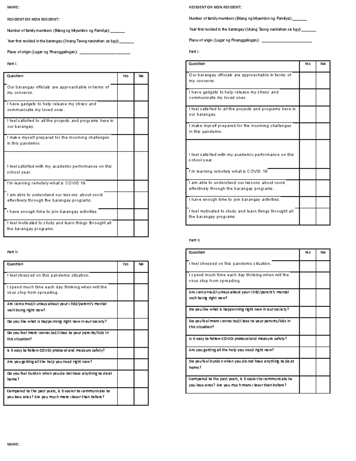 Survey-FORM - survey sample - NAME: RESIDENT OR NON RESIDENT: Number of ...