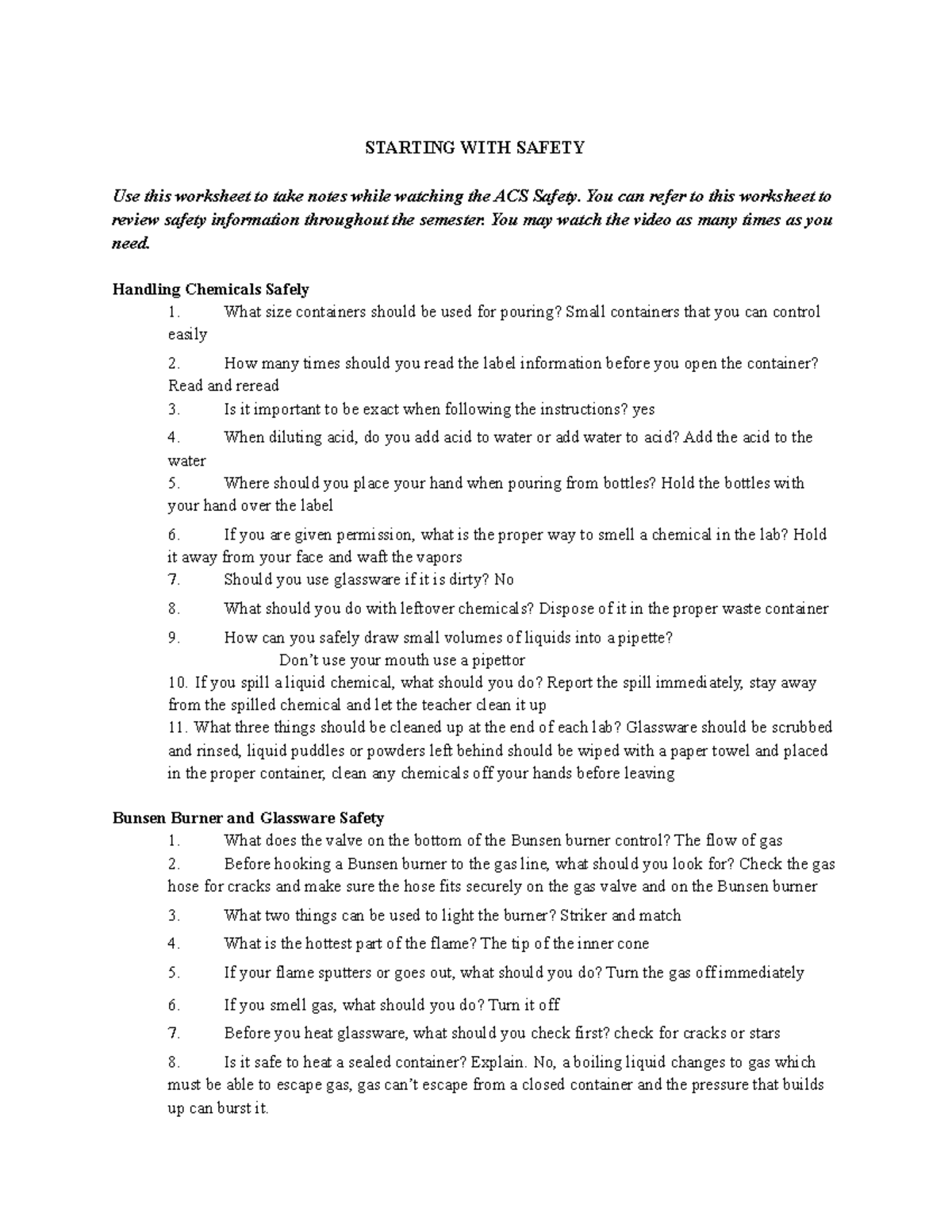 Starting with safety STARTING WITH SAFETY Use this worksheet to take