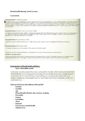 MH Study Notes - Mental Health Revision Notes WEEK 1 Lecture Stress ...
