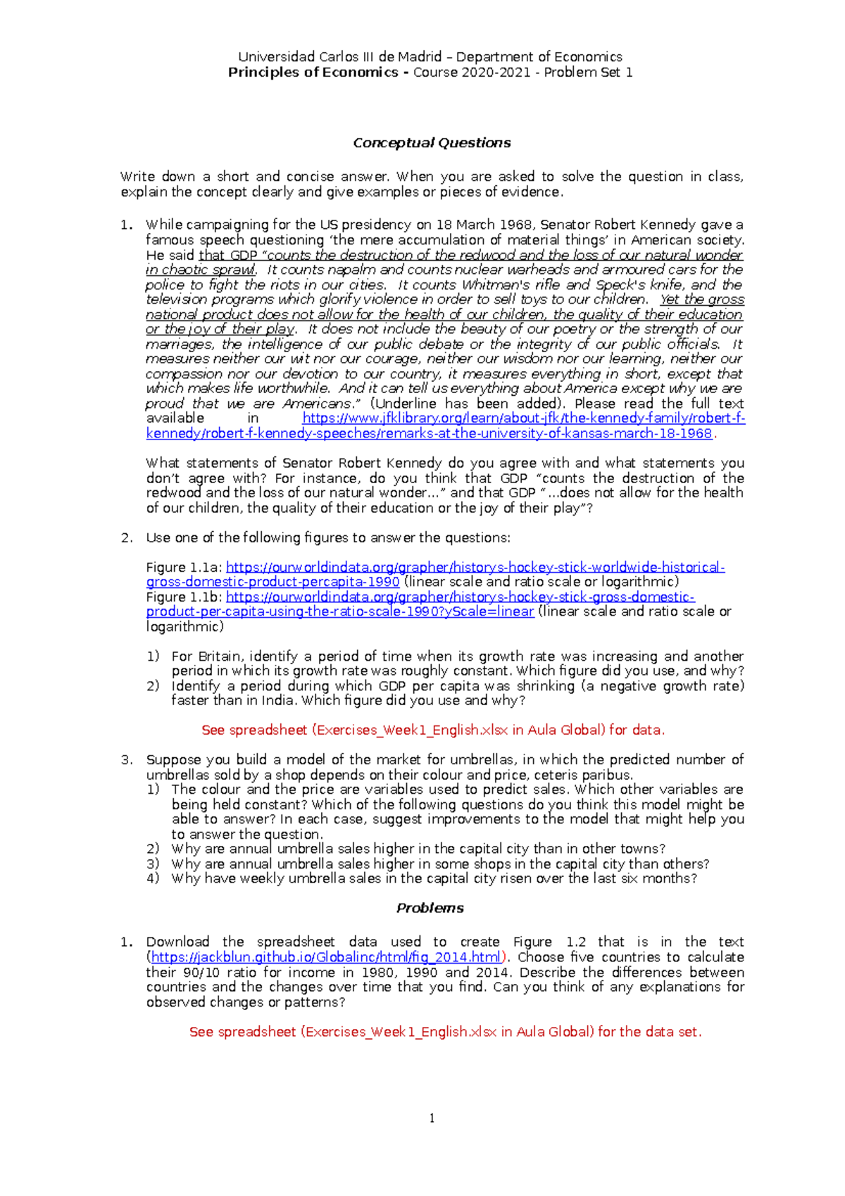 Problem SET 1 - ps 1 - Principles of Economics - Course 2020-2021 ...