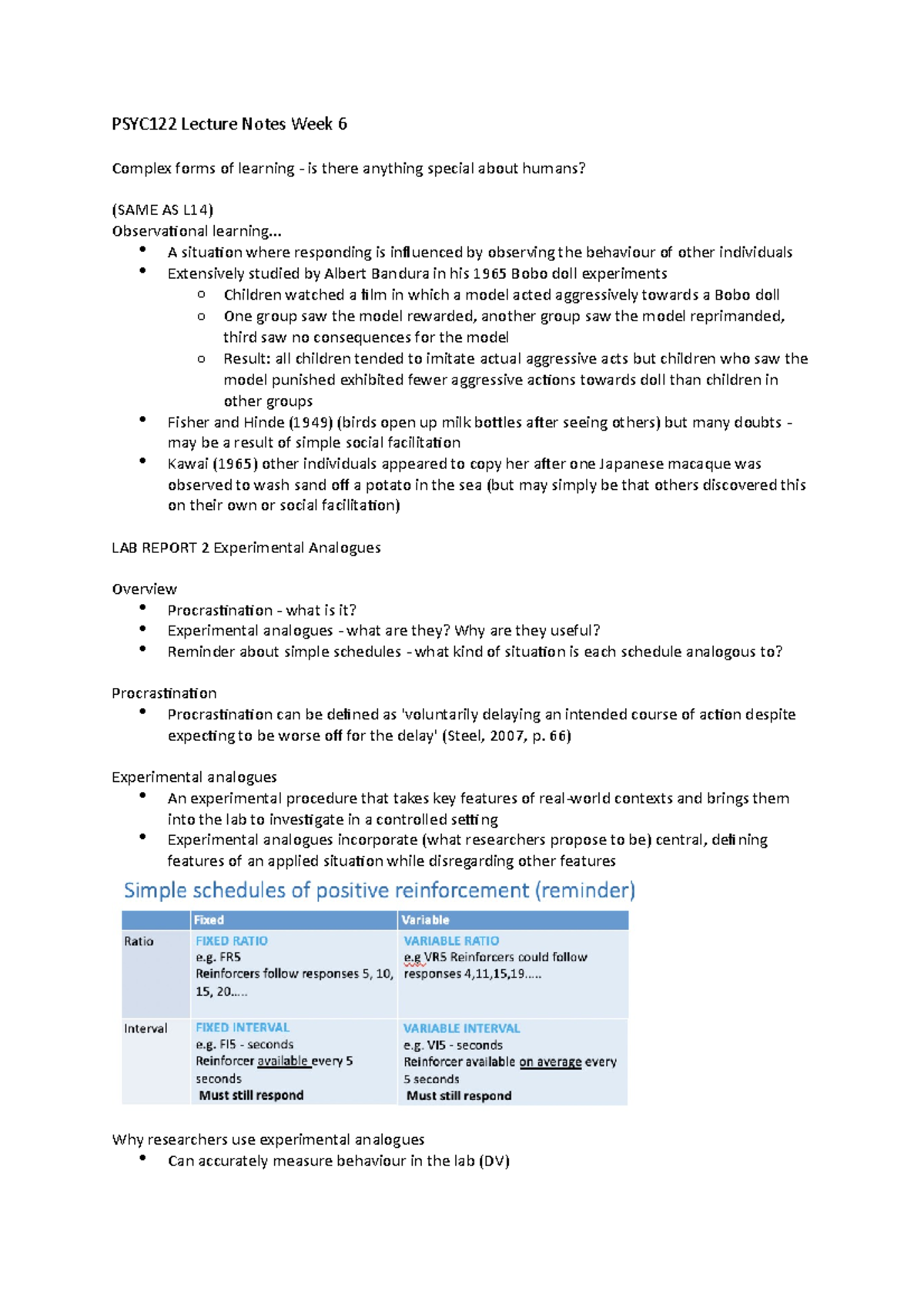 PSYC122 Lecture Notes Week 6 - .. A situation where responding is ...