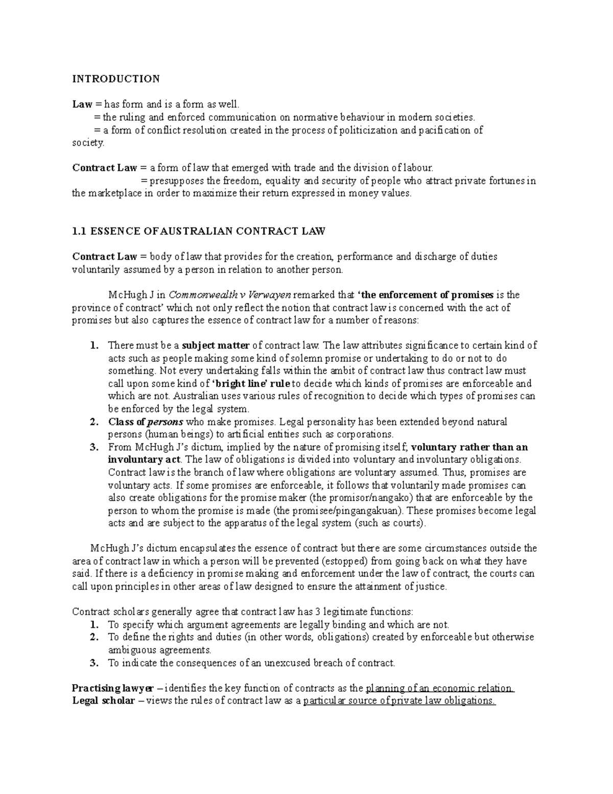 Contract Law - Lecture notes Week 1 - INTRODUCTION Law = has form and ...
