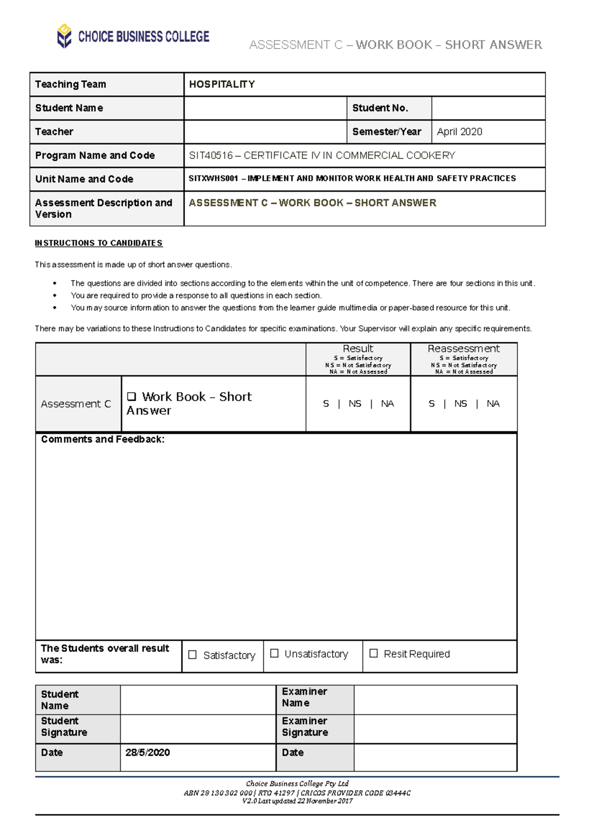 Assessment C - Work Book - ASSESSMENT C – WORK BOOK – SHORT ANSWER ...