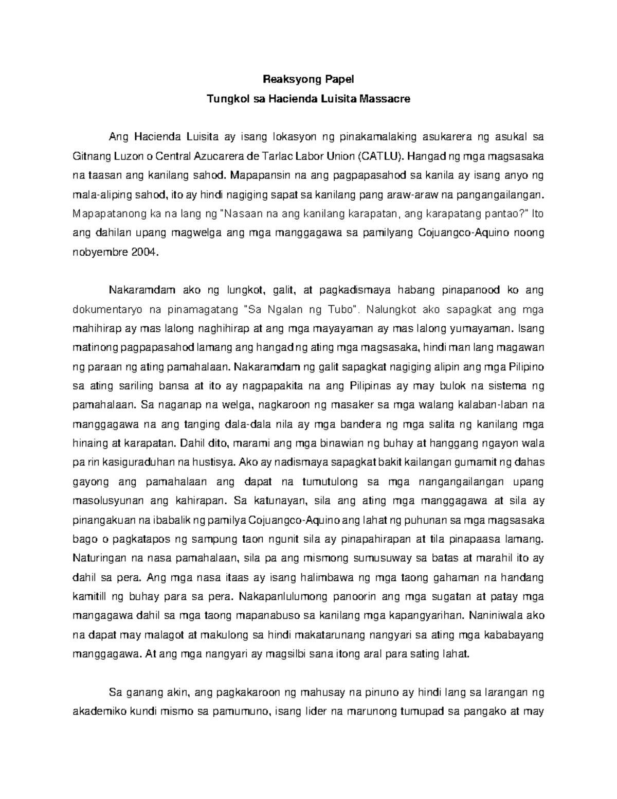 Filipino Reaksyong Papel Reaction Paper Luigi Castillo Ikatlong Halimbawa Ng Tungkol Sa 4992