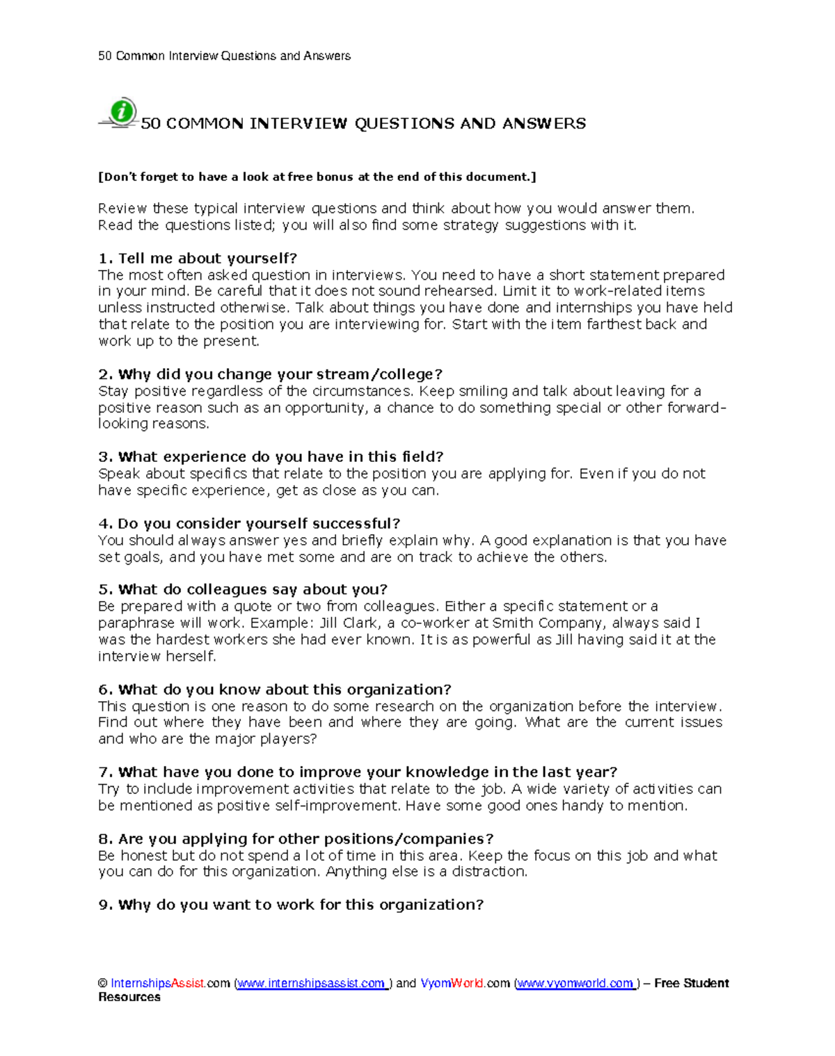 Frequently Asked Interview Questions - 50 COMMON INTERVIEW QUESTIONS ...