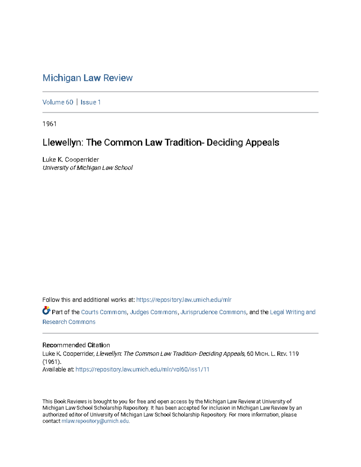 Llewellyn The Common Law Tradition Deciding Appeals Michigan Law
