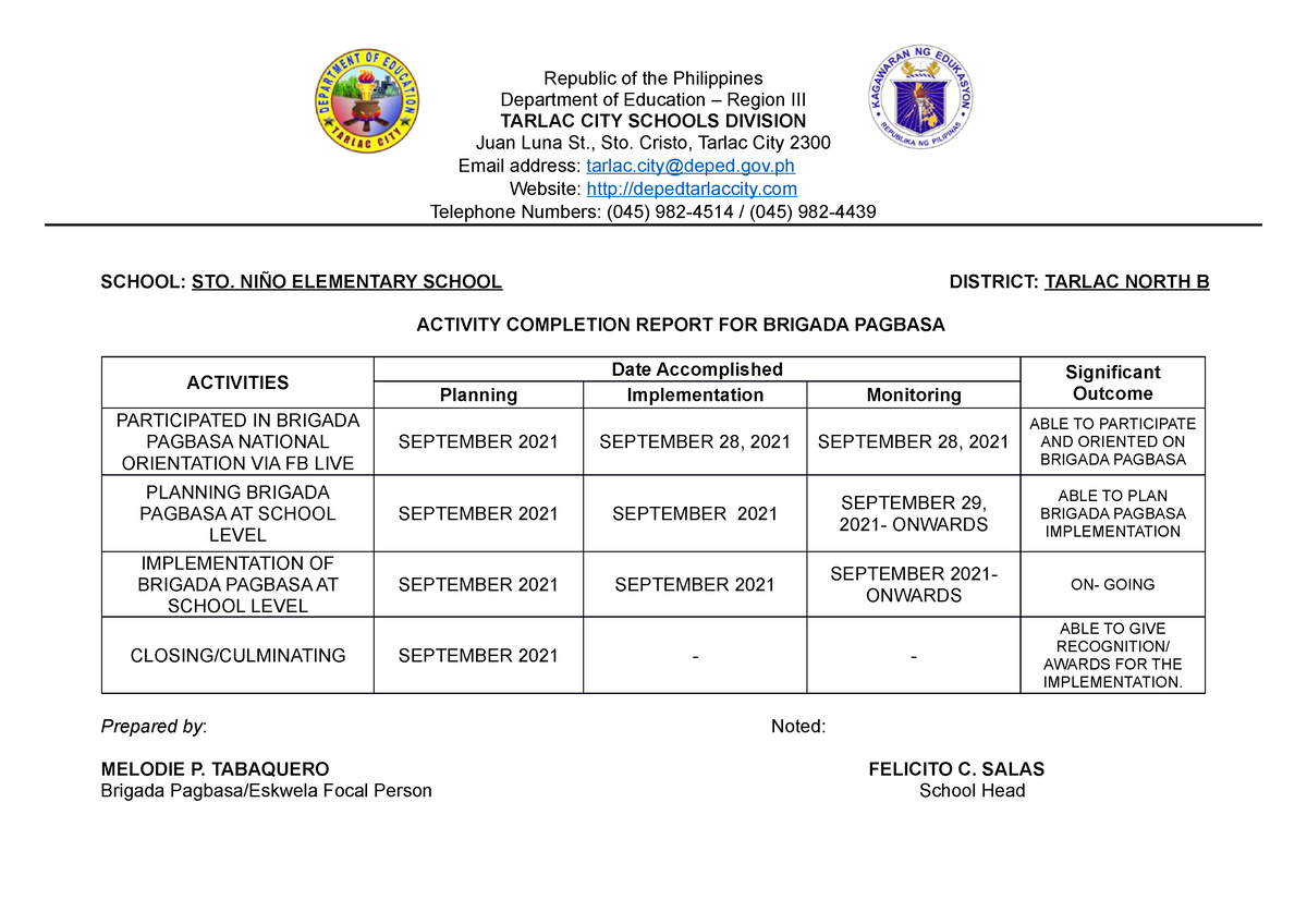 Activity Completion Report On Brigada Pagbasa Completion Report ...