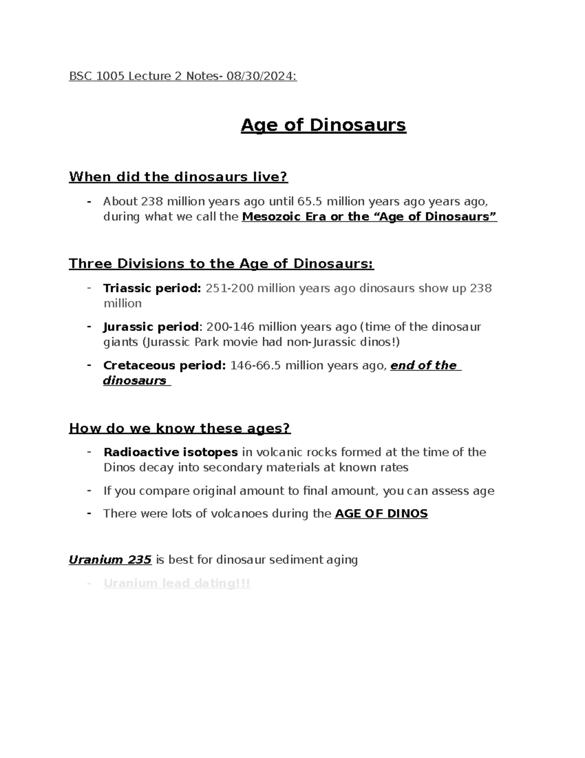BSC 1005 Lecture 2 Notes (dino 2) - BSC 1005 Lecture 2 Notes- 08/30 ...