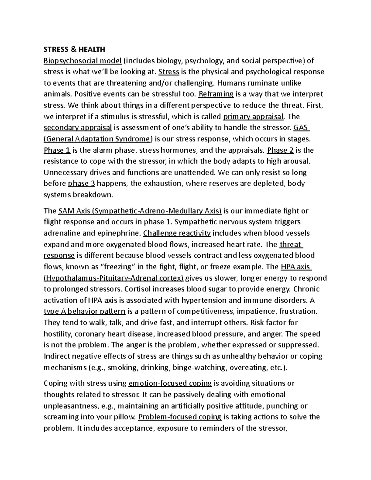 112 W TOPICS STRESS & HEALTH Biopsychosocial model (includes