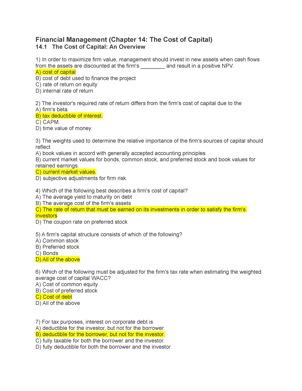 The Cost Of Capital Questions Financial Management Chapter 14 The 