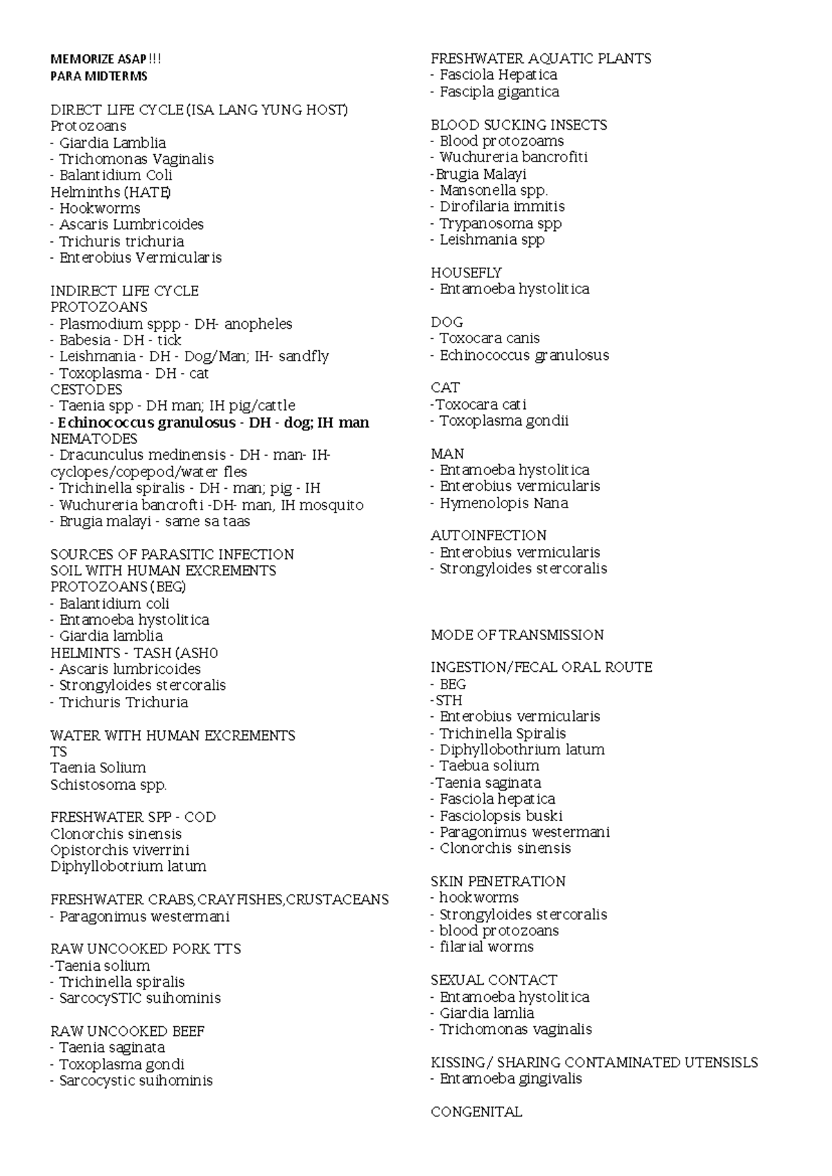 Memorize ASAP - Summary Parasitology - MEMORIZE ASAP!!! PARA MIDTERMS ...