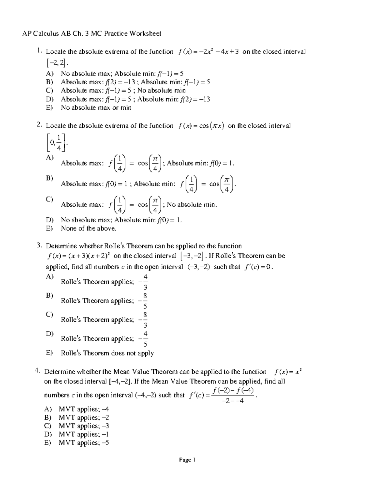 AP Calc AB Ch 3 MC Practice Worksheet - AP Calculus AB Ch. 3 MC ...
