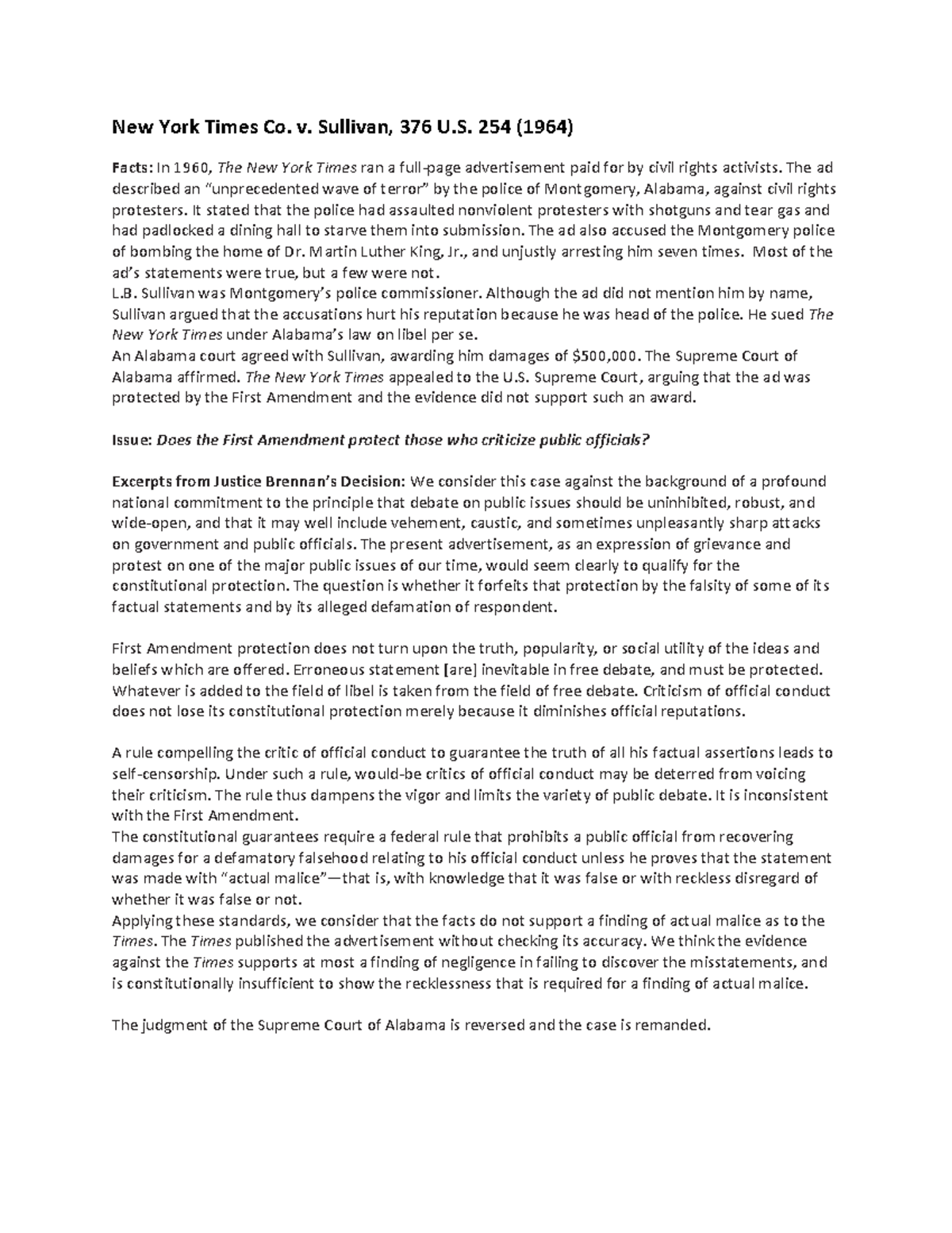 Qstla 245 M02 New York Times Co v Sullivan - New York Times Co. v ...