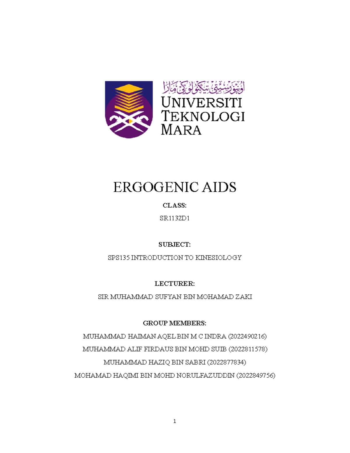 Ergogenic AIDS ERGOGENIC AIDS CLASS SR1132D SUBJECT SPS135