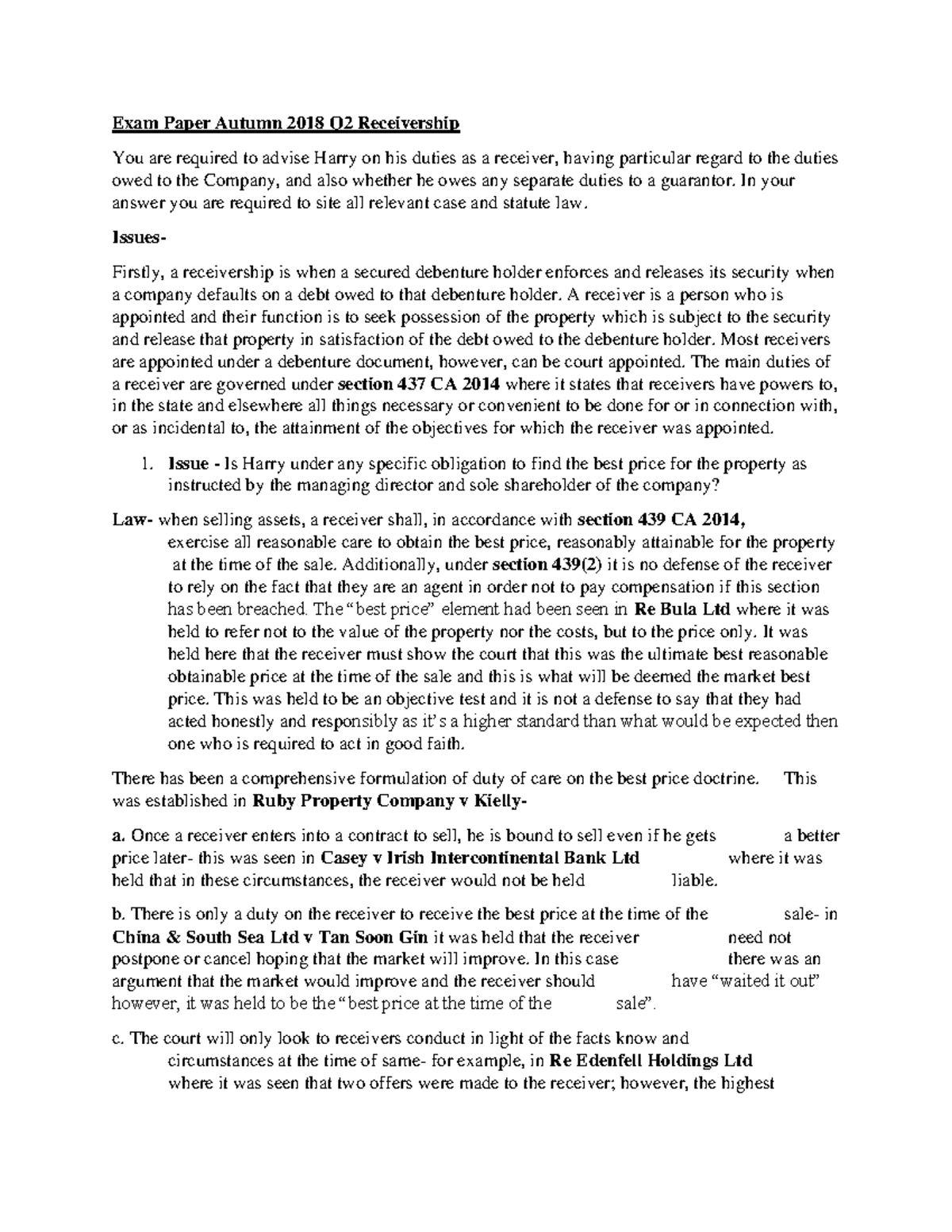 Receivership Q on best price doctrine Exam Paper Autumn 2018 Q2