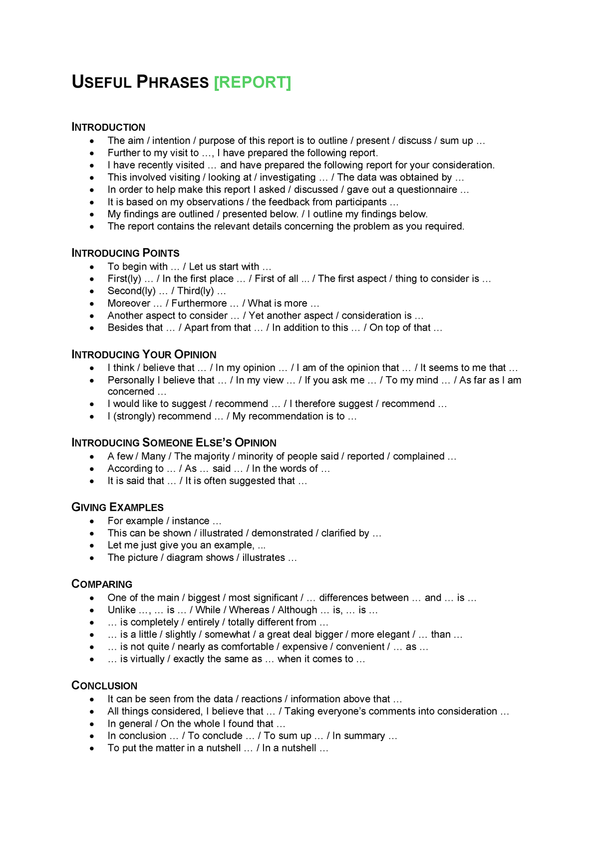 research report writing phrases