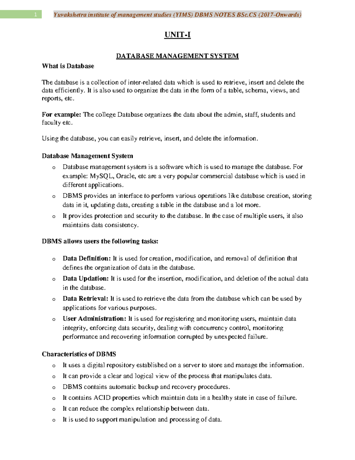 Dbms Unit 1 - Database Management System Is A Paper In Bca Course ...
