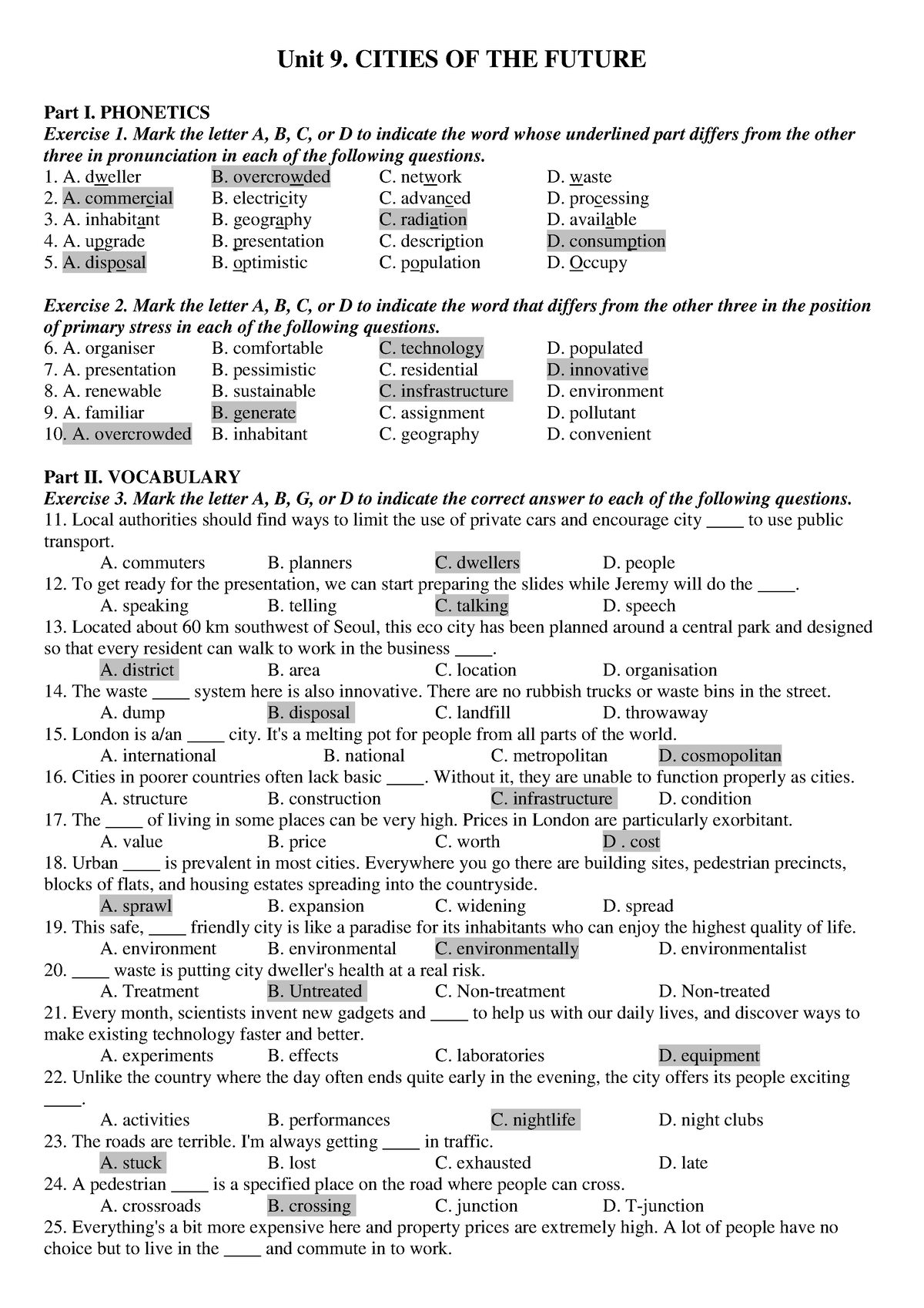 Unit 9 KEY premium - Unit 9. CITIES OF THE FUTURE Part I. PHONETICS ...