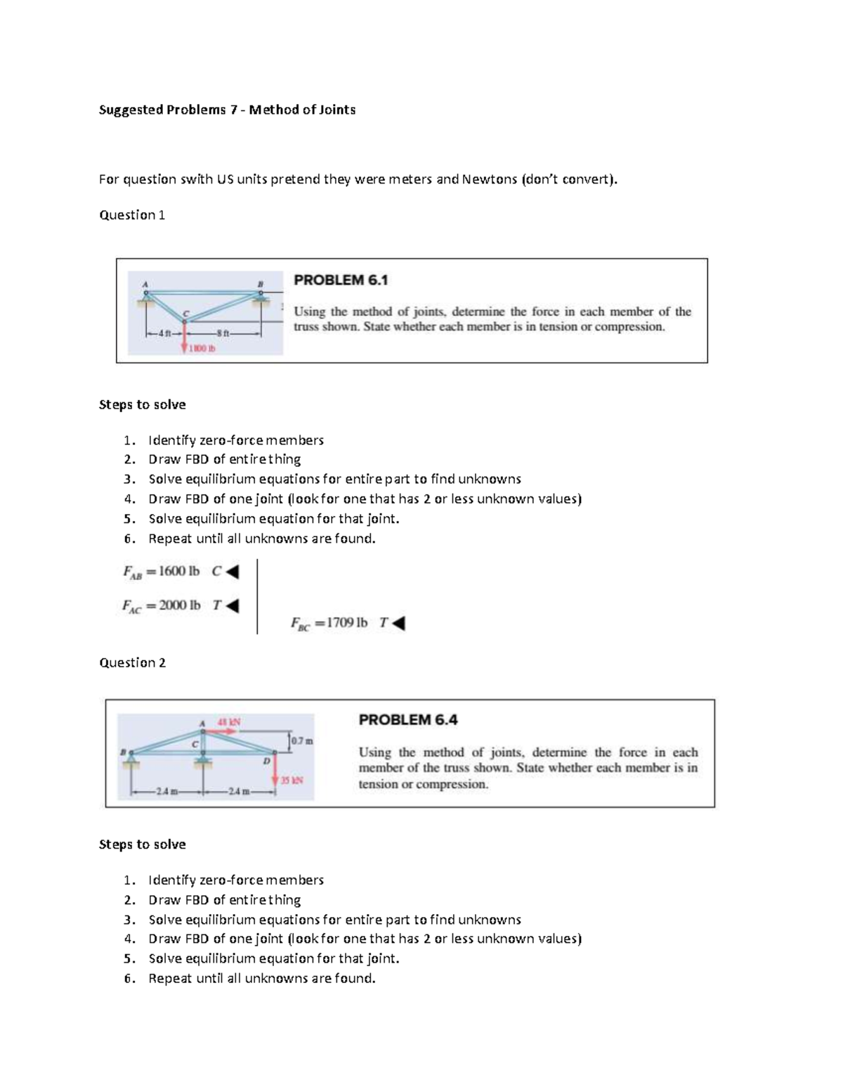 Suggested Problems 7 Method of Joints Question 1 Steps to solve
