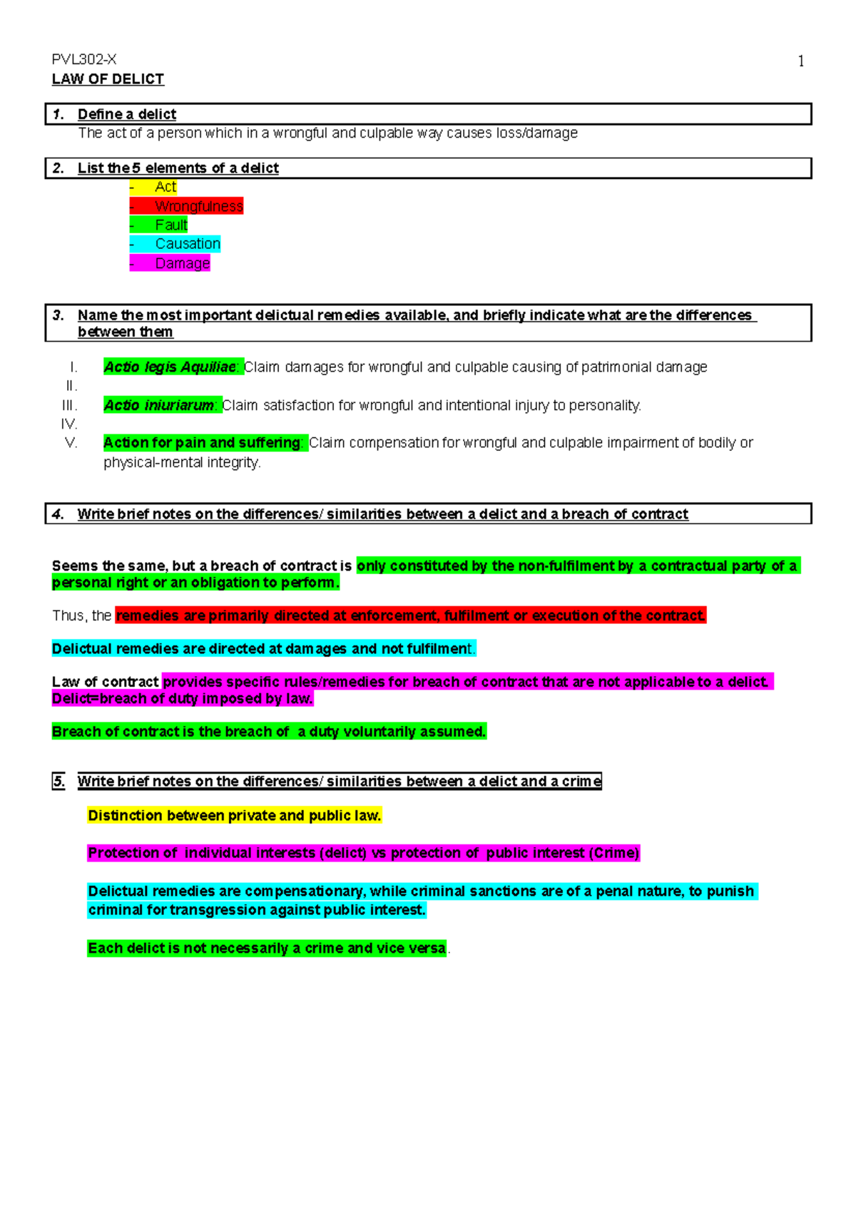 PVL3703-law of delict - all questions - LAW OF DELICT Define a delict ...