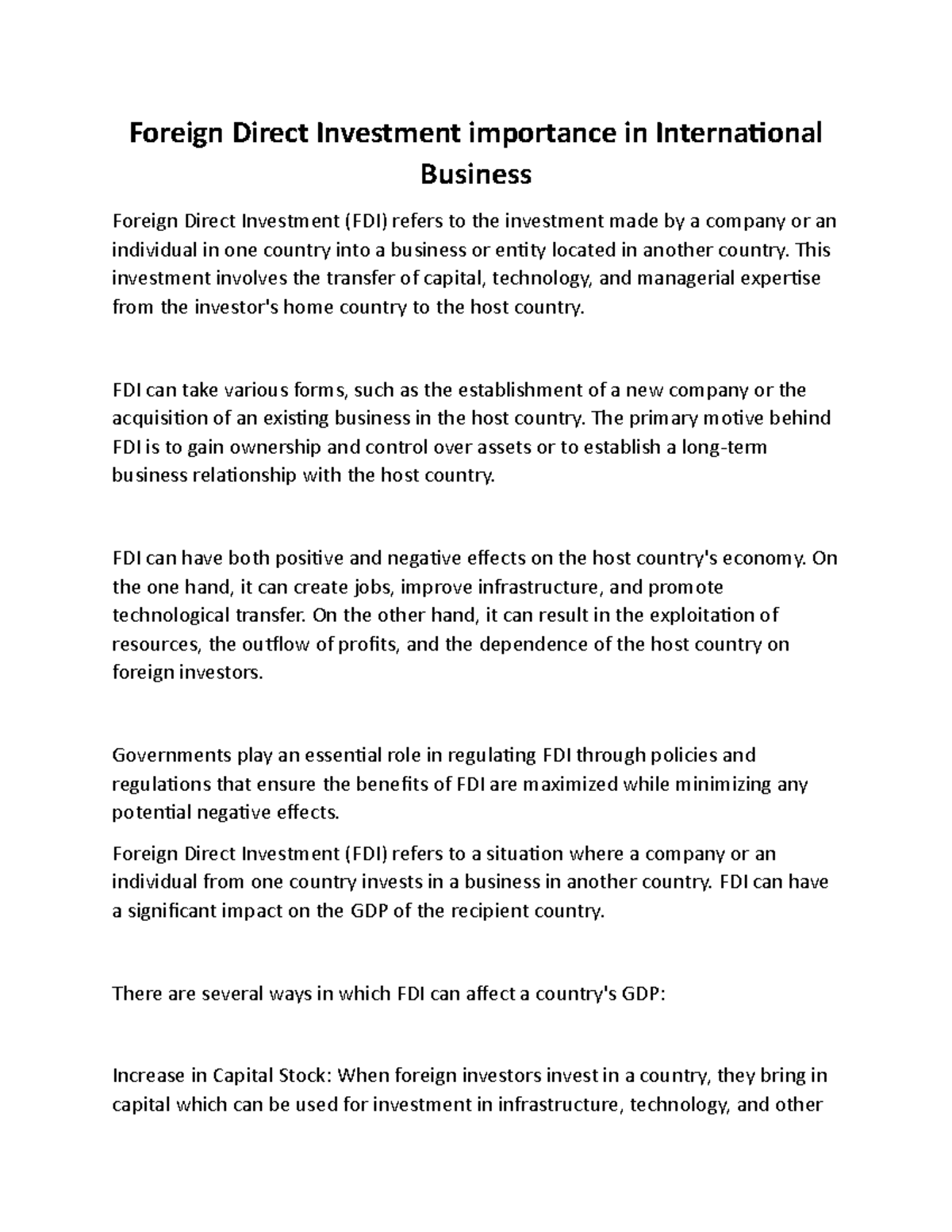 Foreign Direct Investment importance in International Business