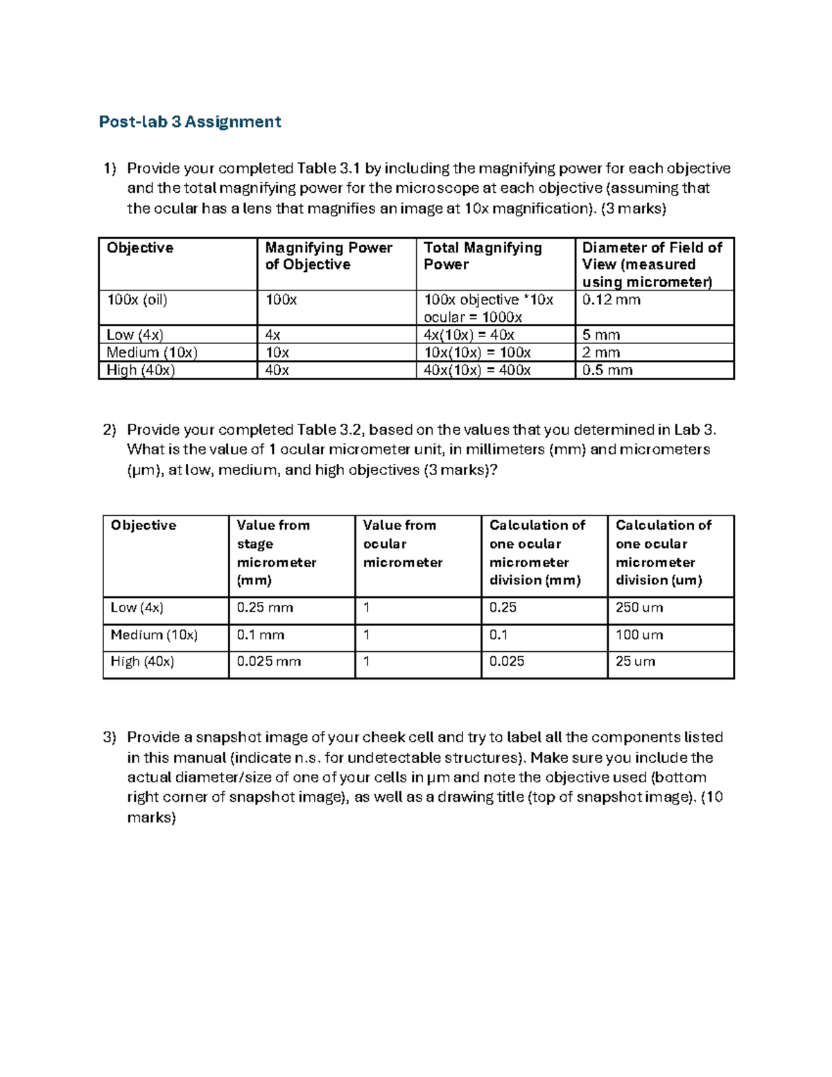Bio 1AO3 Post Lab 3 - Cheek cell - Post-lab 3 Assignment 1) Provide ...
