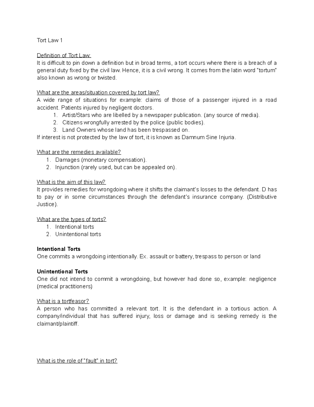 Tort Law Introduction - Tort Law 1 Definition of Tort Law: It is ...