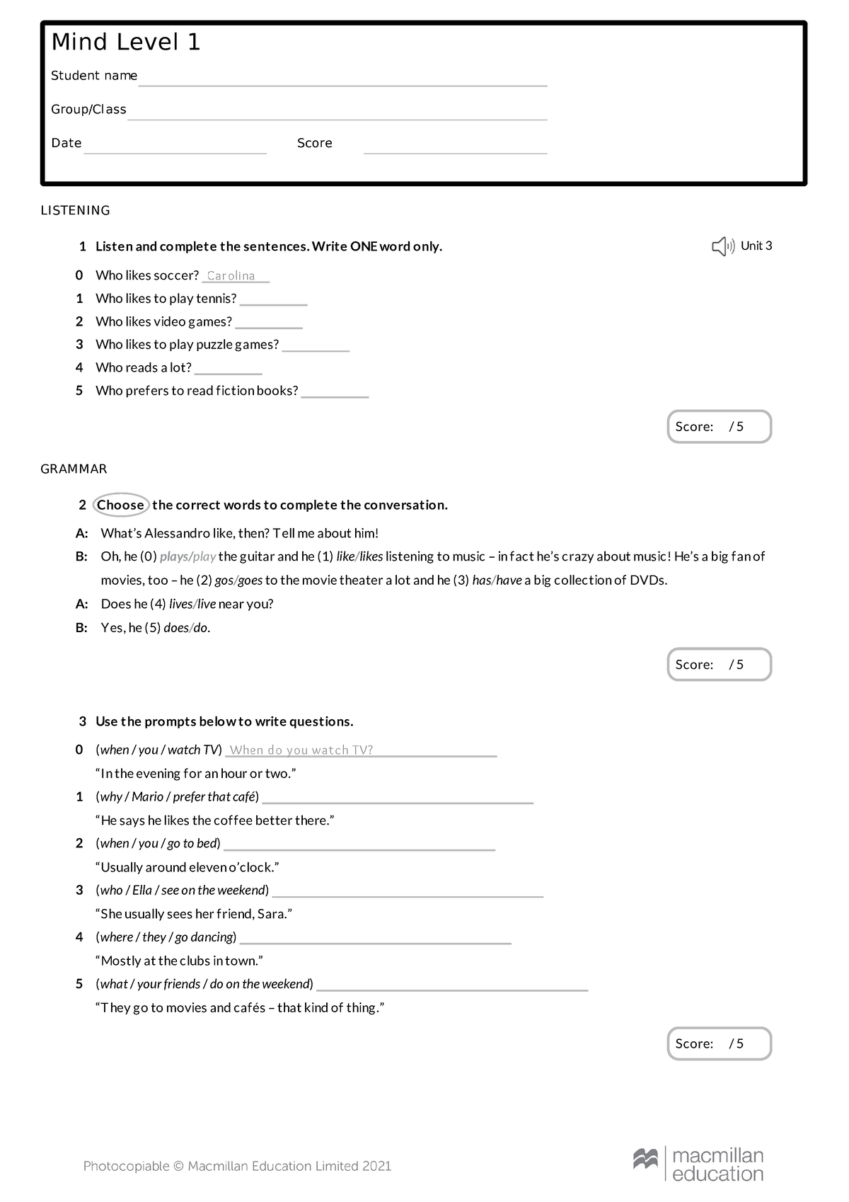 UNIT 3 - Examen inglés a1 - Mind Level 1 Student name Group/Class Date ...