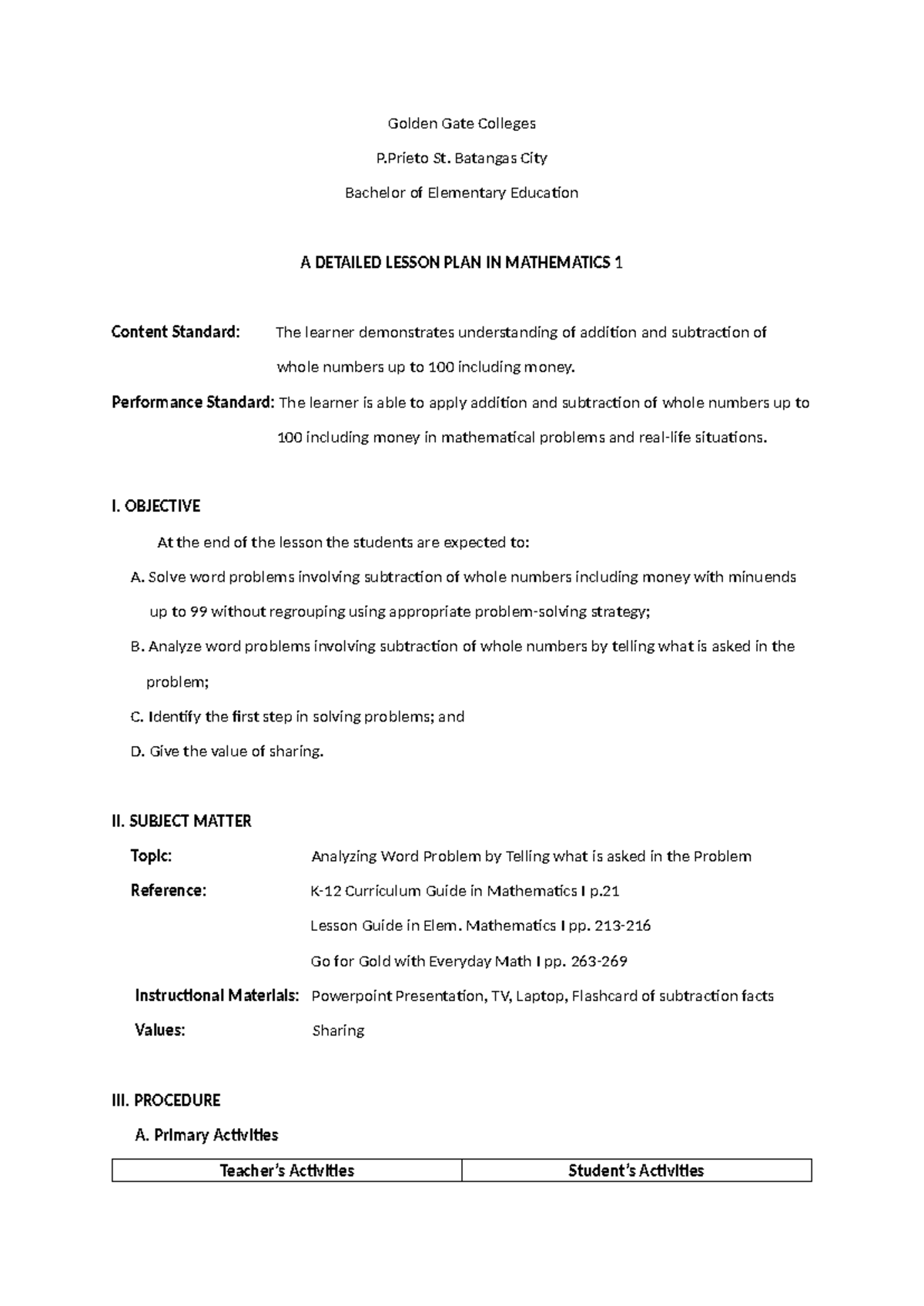 Lesson plan in math - N/A - Golden Gate Colleges P St. Batangas City ...