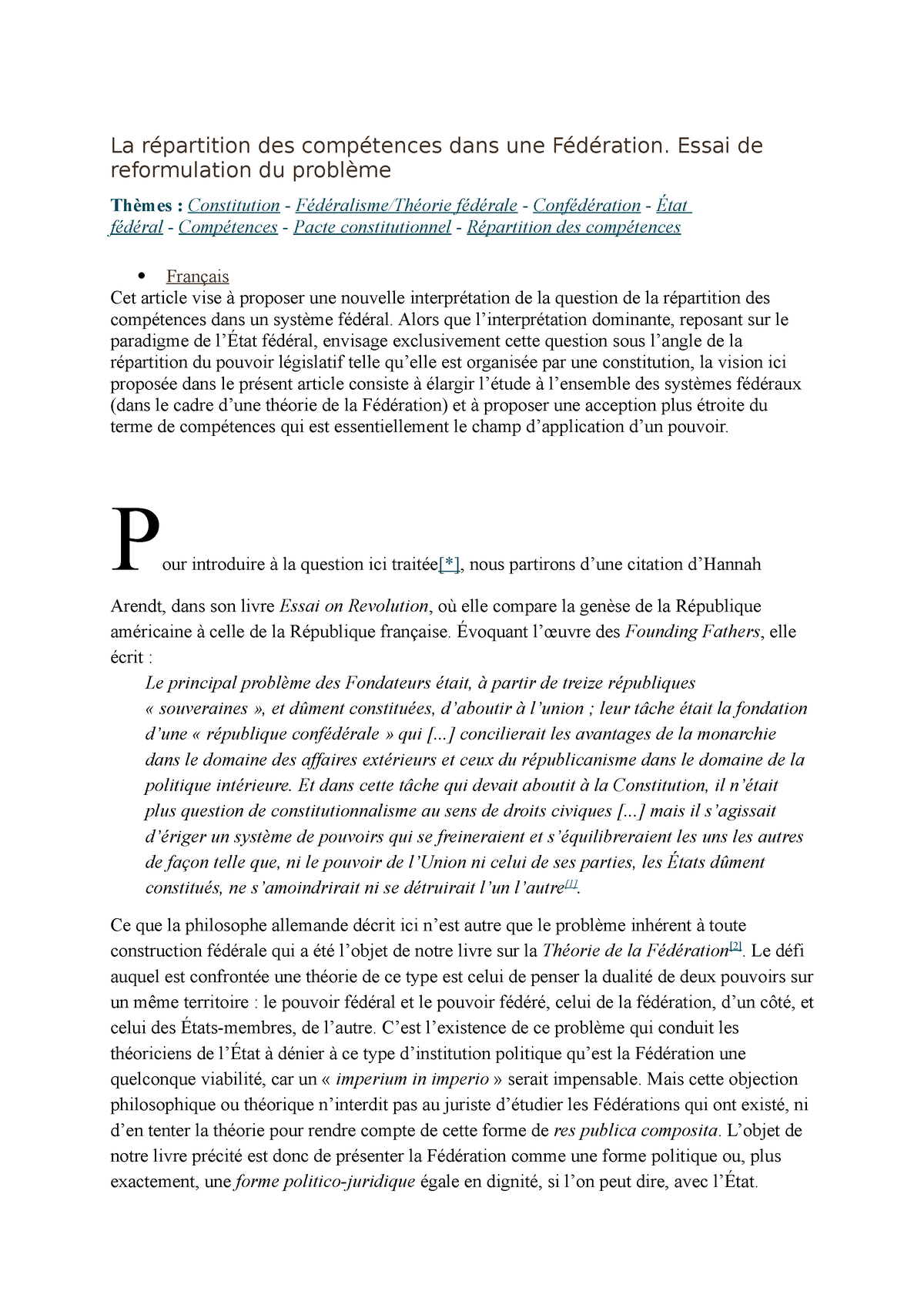 L Etat Federal La Repartition Des Competences Dans Une Federation Essai De Reformulation Du Studocu