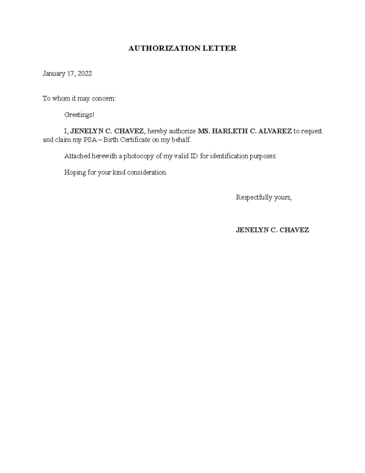 PSA Authorization Letter AUTHORIZATION LETTER January 17 2022 To