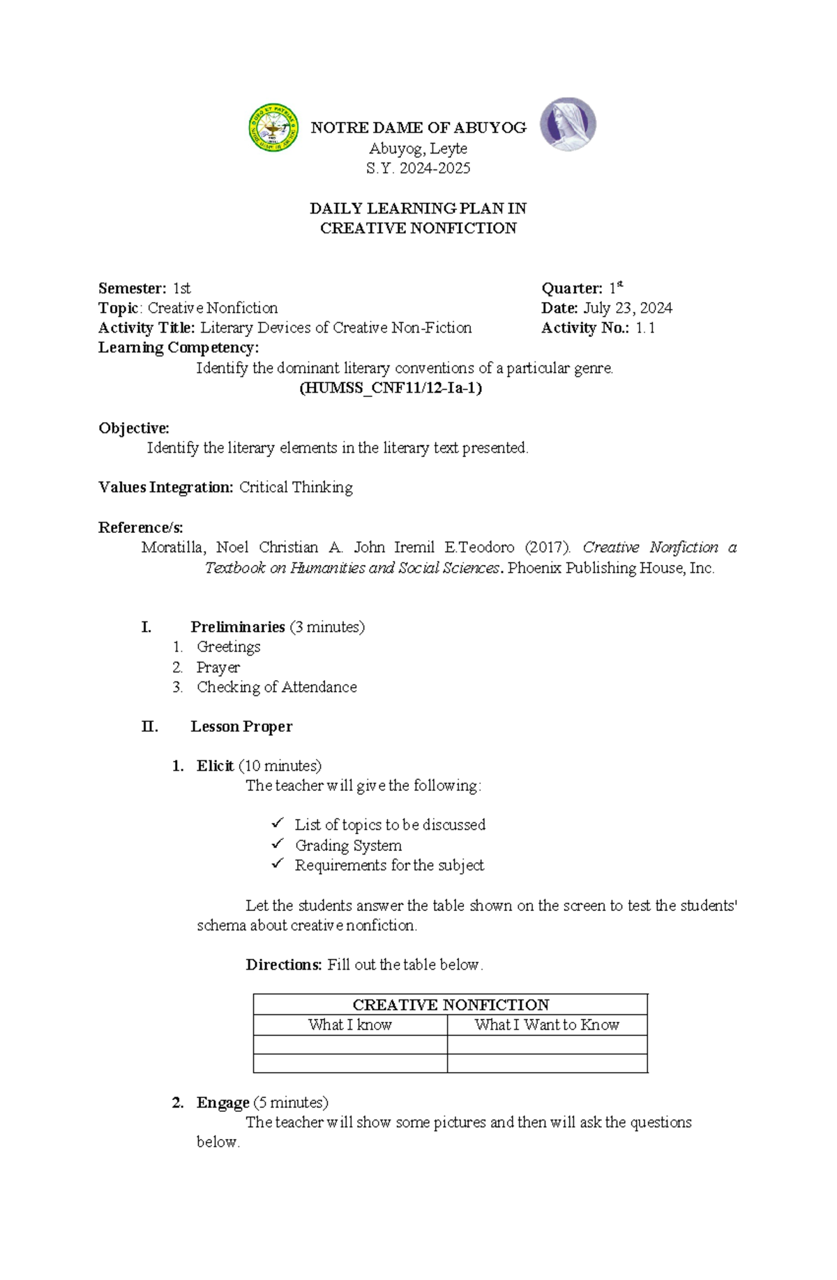 WEEK 1 - lesson plan - NOTRE DAME OF ABUYOG Abuyog, Leyte S. 2024 ...