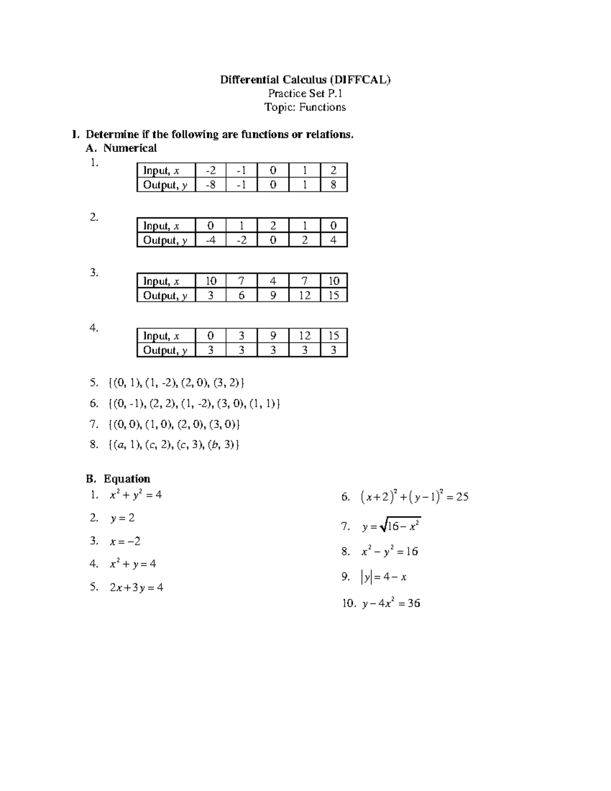 Diffcal Practice Set P - Differential Calculus Problem Set ...