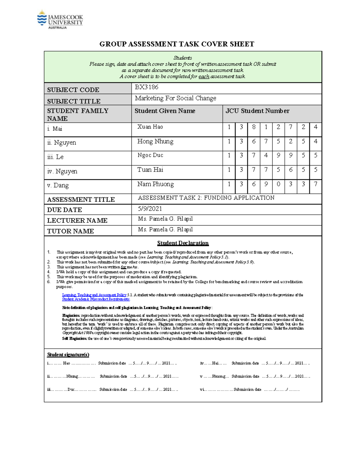 BX3186 Assignment 2 Final Group+B2 - GROUP ASSESSMENT TASK COVER SHEET ...