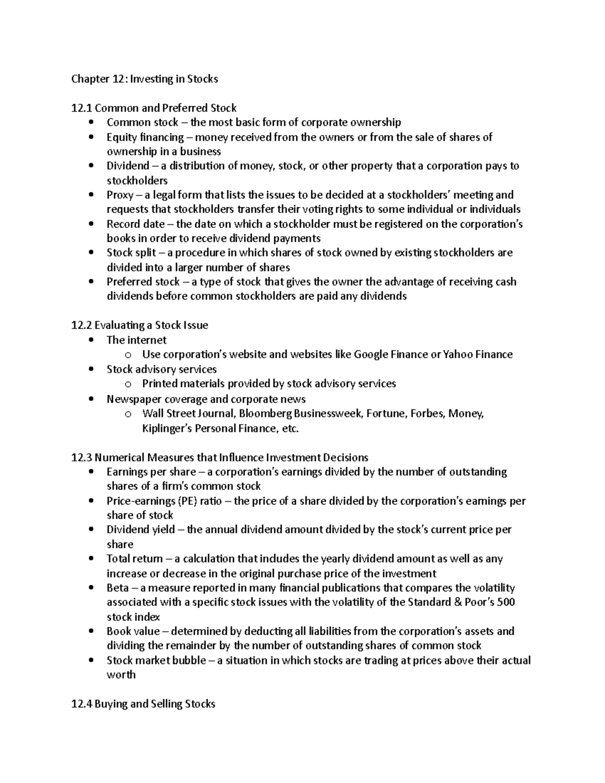 Chapter 12- Investing In Stocks - 12 Numerical Measures That Influence ...