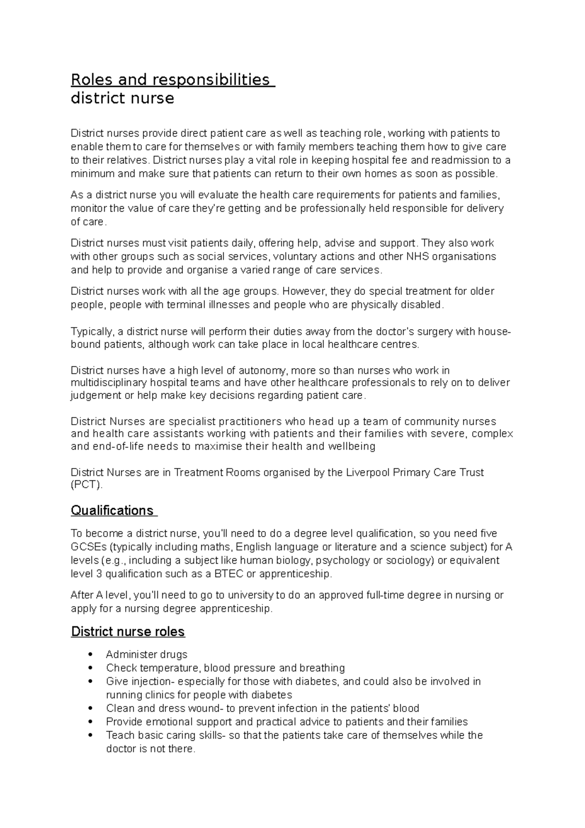 Roles and responsibilities district nurse roles and responsibilities