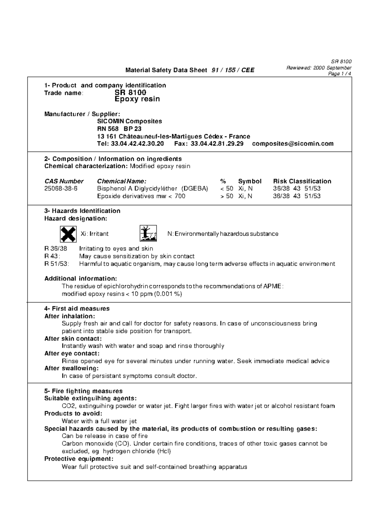 SR 8100 epoxy resin - Material Safety Data Sheet 91 155 CEE - SR 8100 ...