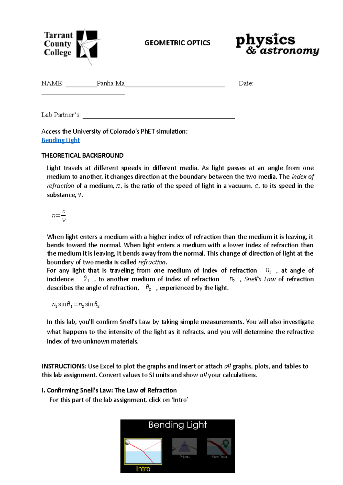 Lab10Geometric Optics GEOMETRIC OPTICS NAME Panha Ma