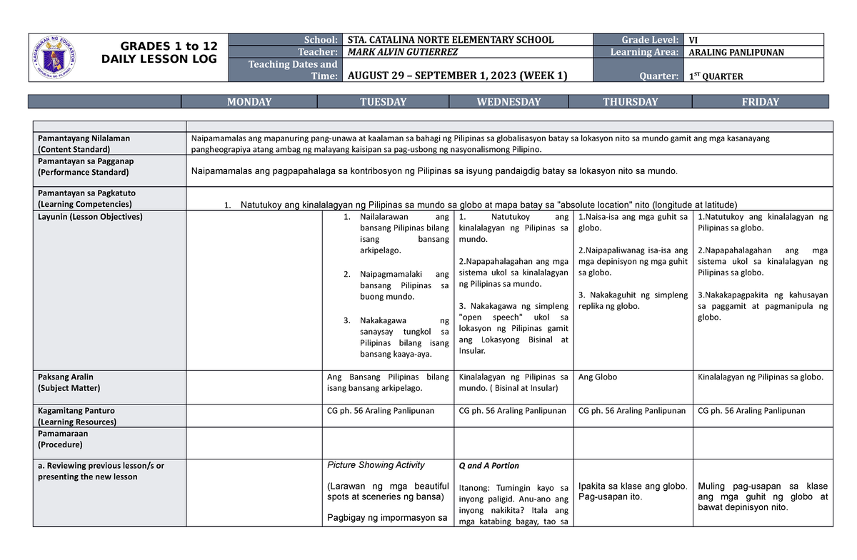 DLL Araling Panlipunan 6 Q1 W1 - GRADES 1 To 12 DAILY LESSON LOG School ...