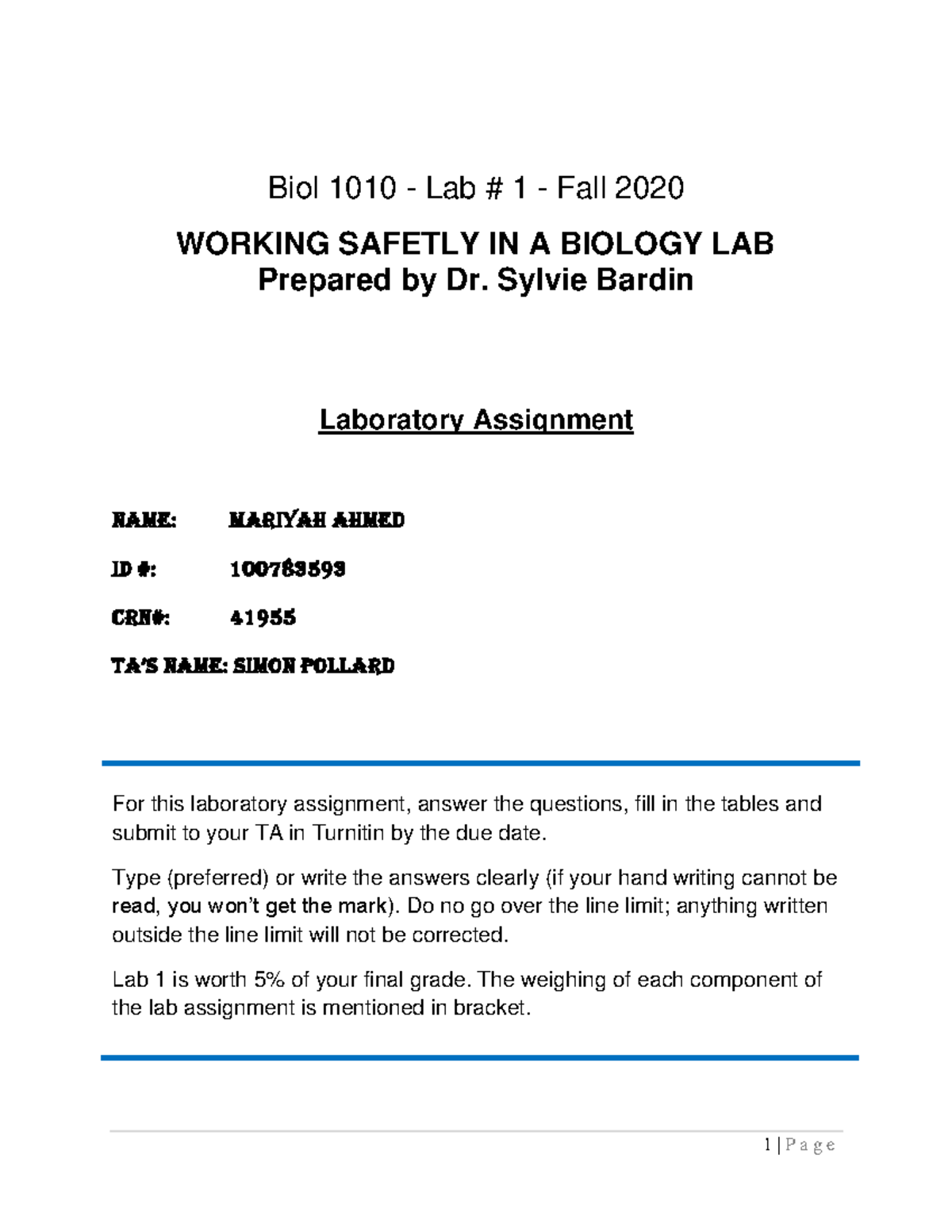 Biology 1010U Lab1 Assignment Biol 1010 Lab 1 Fall 2020