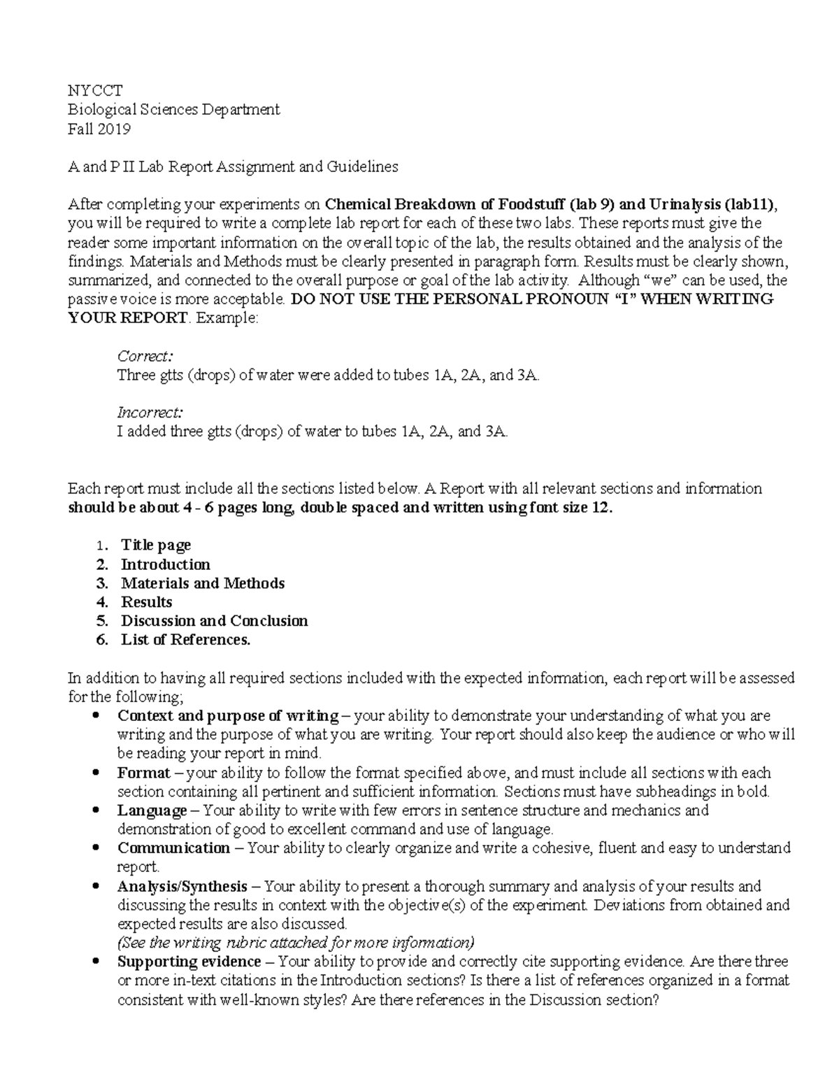 BIO 2312 Lab Report Guidelines fall 2019 - NYCCT Biological Sciences ...