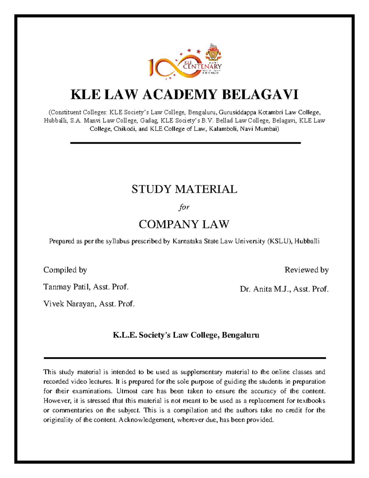 Study material KLE LAW ACADEMY BELAGAVI (Constituent