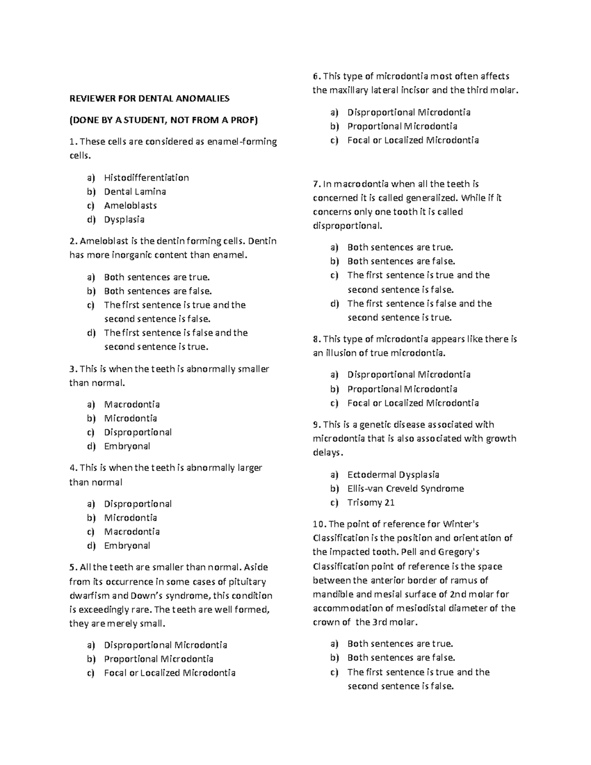 Reviewer FOR Dental Anomalies - REVIEWER FOR DENTAL ANOMALIES (DONE BY ...