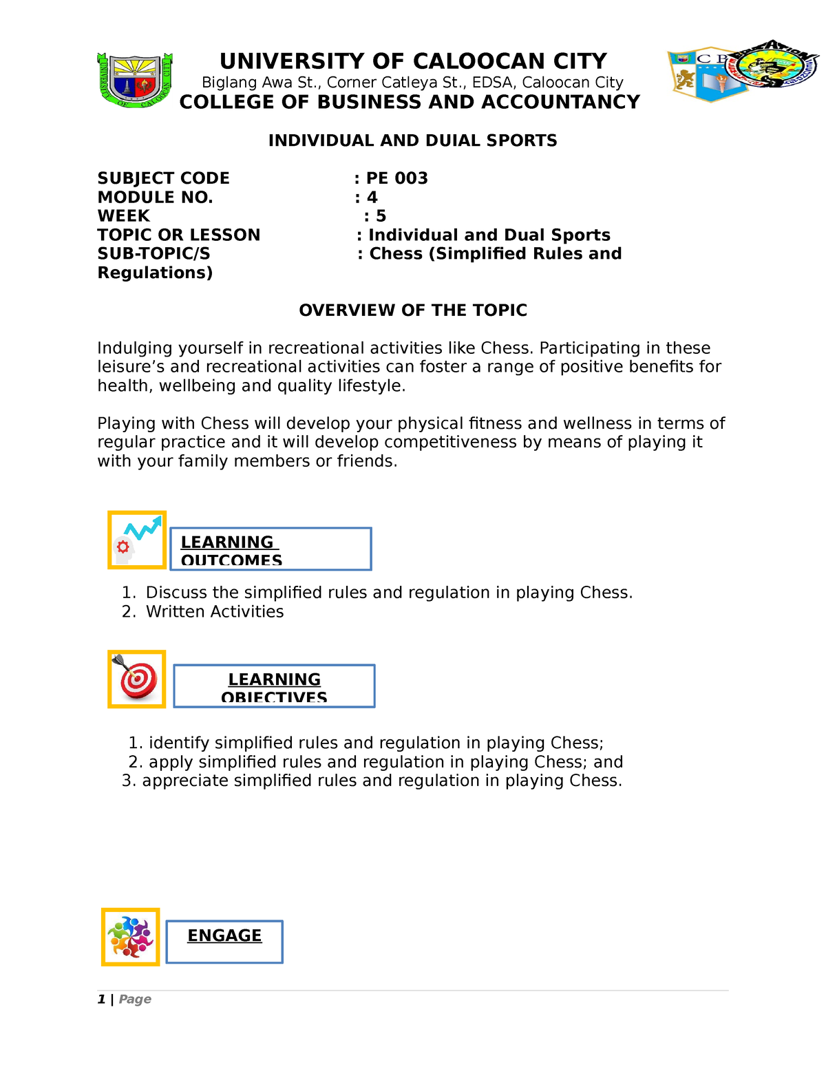 PE003 CBA Module 4 Week 5 Chess Simplified Rules And Regulations ...