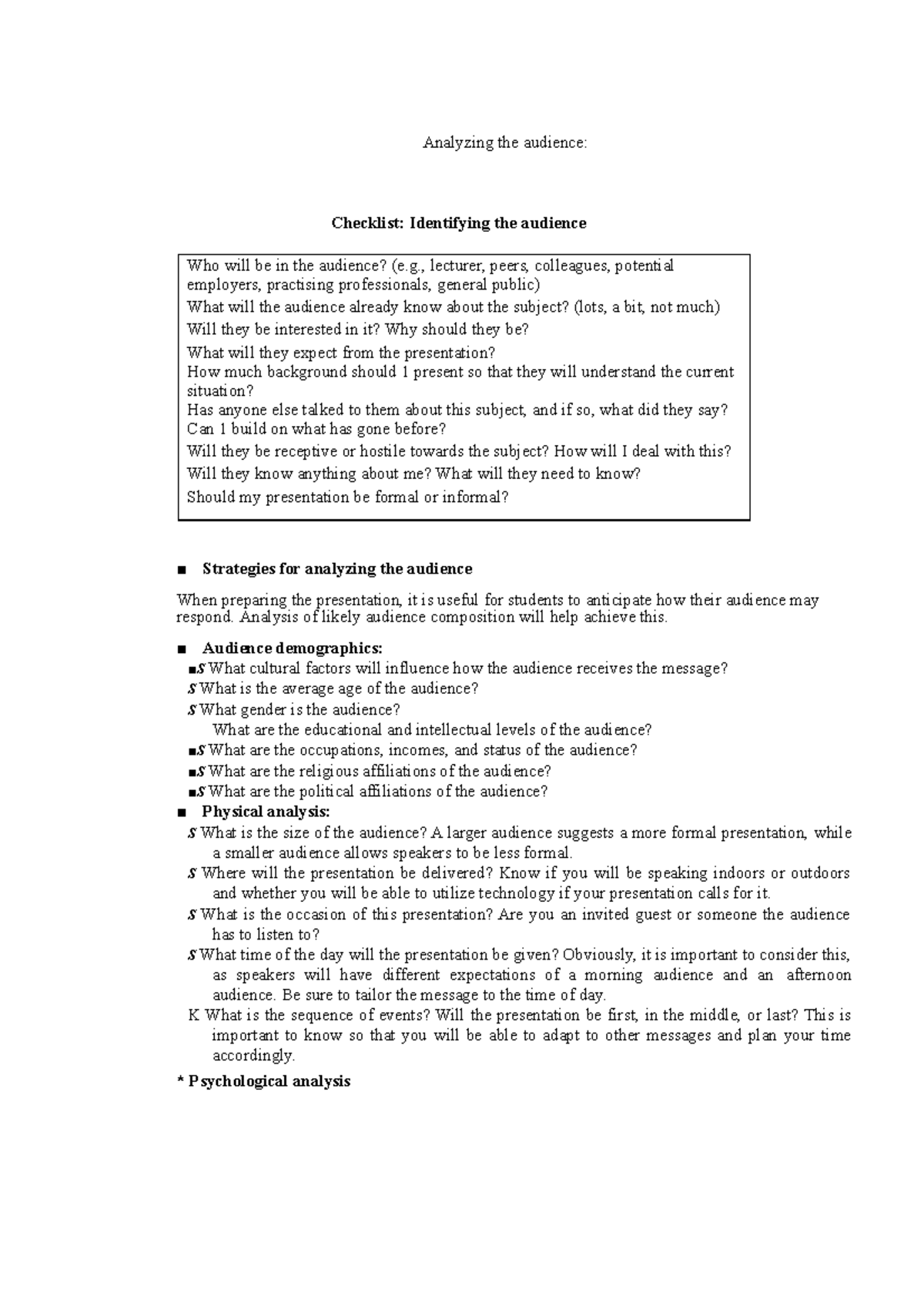 Analyzing The Audience - Analyzing The Audience: Checklist: Identifying ...