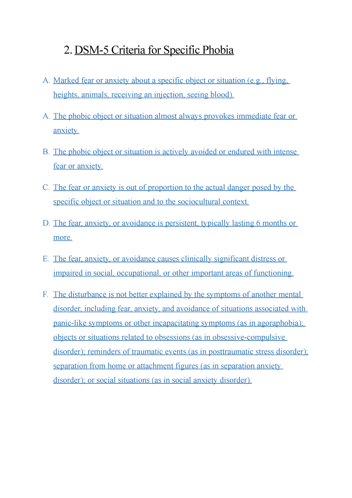 Chapter 5 - DSM-5 Criteria For Specific Phobia - 2. DSM-5 Criteria For ...