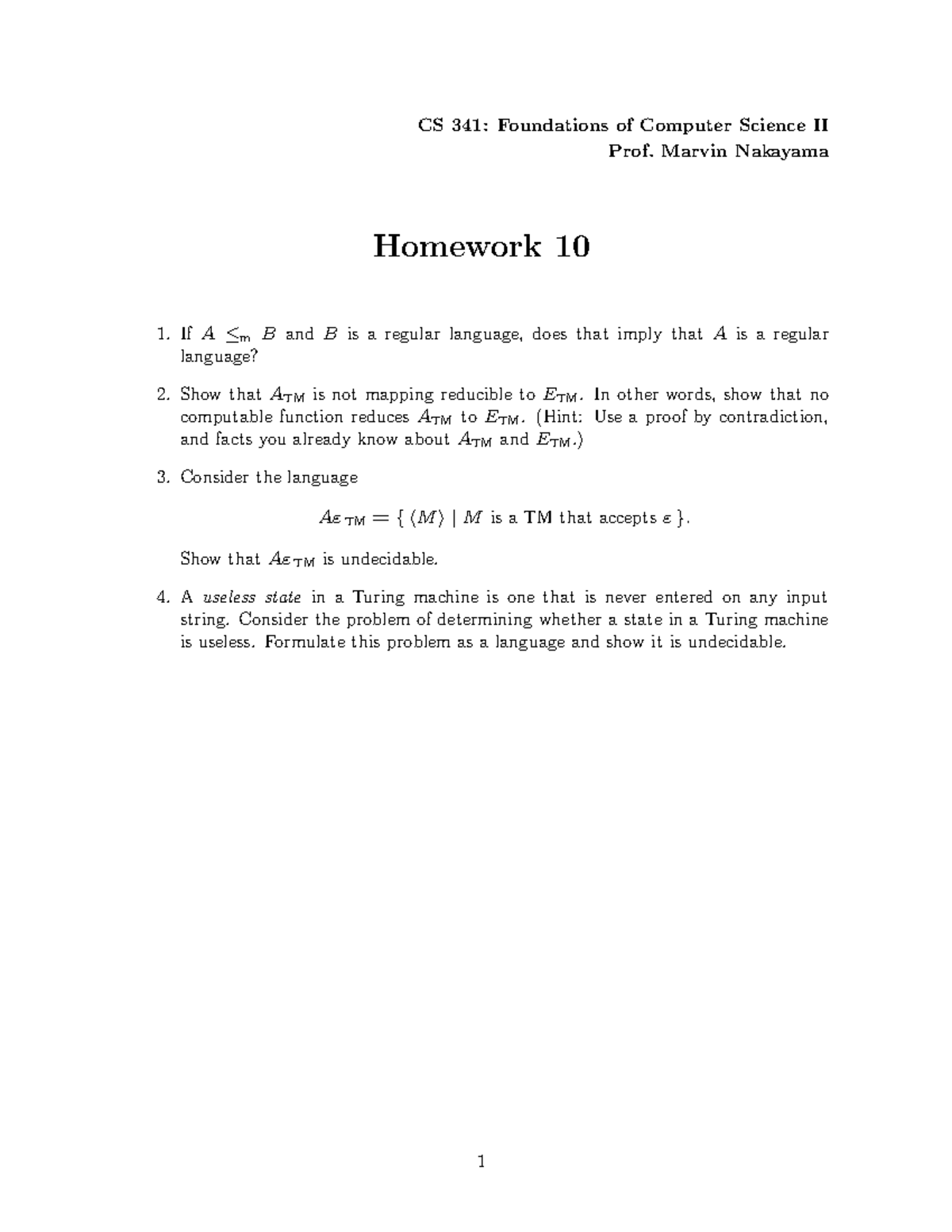 Hw10 - Homework 10 About Chapter 10 For CS341 - CS 341: Foundations Of ...