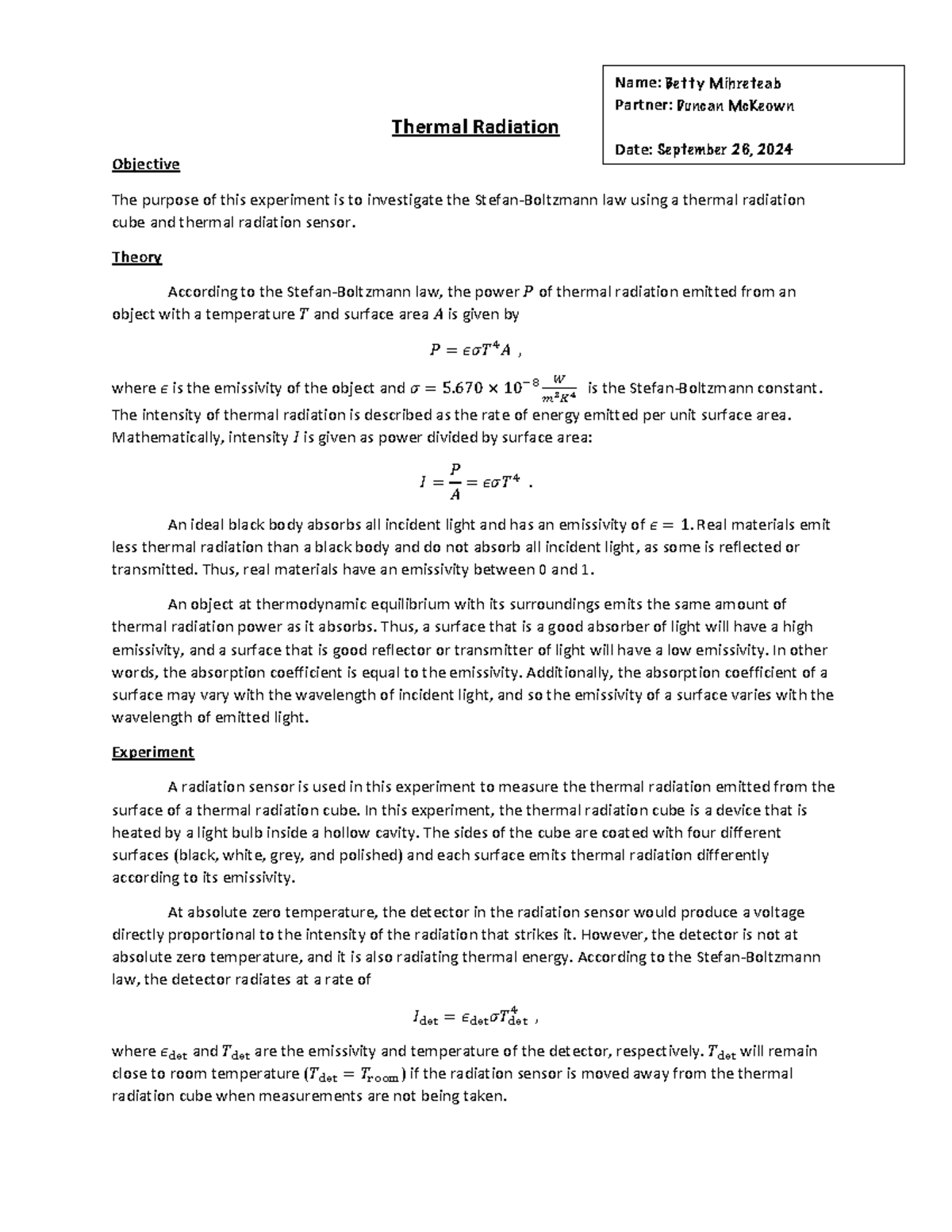 Thermal Radiation Lab - Thermal Radiation Objective The purpose of this ...