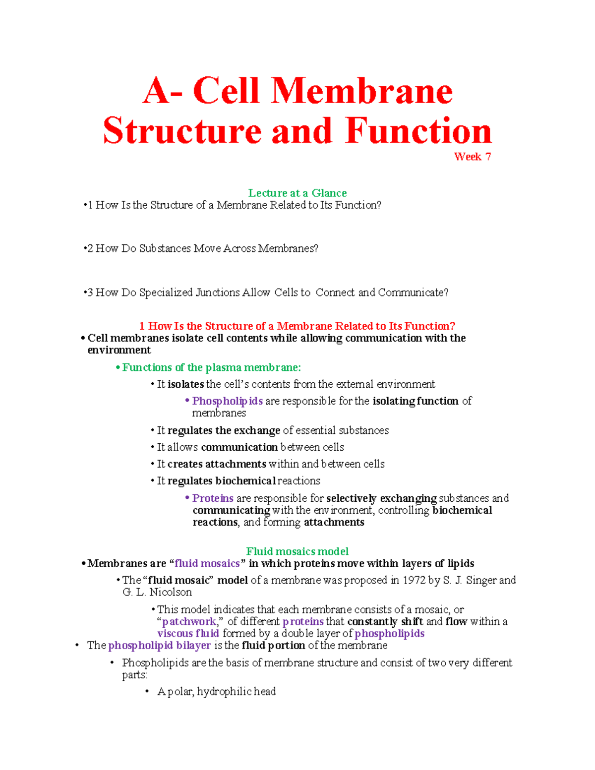BIO 1101 - Lecture 7 - A- Cell Membrane Structure and Function Week 7 ...